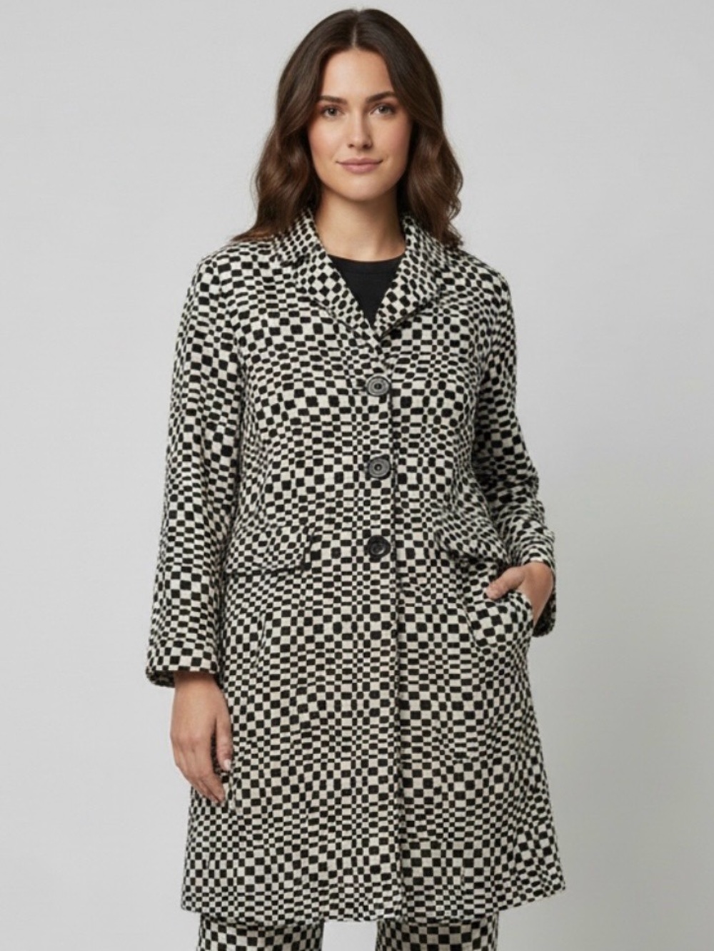 S Max Mara "Etere" Optical Checkerboard Spolverino Coat Jacket Black/Ecru, SZ 10